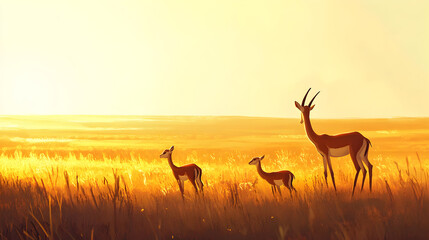 Gazelles in Golden Light, Cartoon Illustration, African Wildlife Scenery, Antelope Family in Grassy Field at Sunset, Warm Tones Nature Art, Cartoon Gazelles in Savanna, Wildlife Art, Illustration of