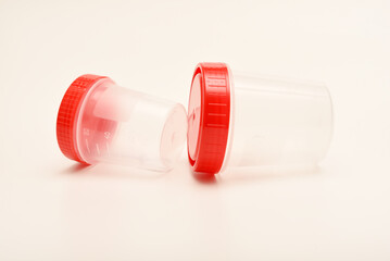Jars for urine and fecal tests. Containers for medical tests.