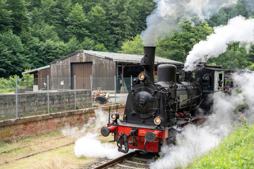 Vintage Steam Locomotive in Motion at Rural Railway Station – Historic Train with Smoke and Steam