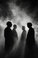 Silhouette of Four Men in Suits, Dramatic Lighting, Black and White.