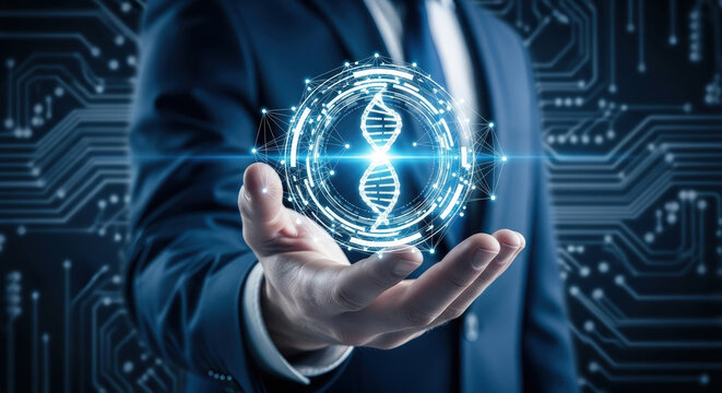 DNA Technology Concept: Businessman Holding Digital DNA Strand. Genetic Engineering, Research, and Innovation in Science and Medicine Visual.