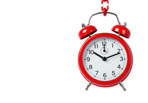 Isolated Classic Red Alarm Clock Hanging on a Hook