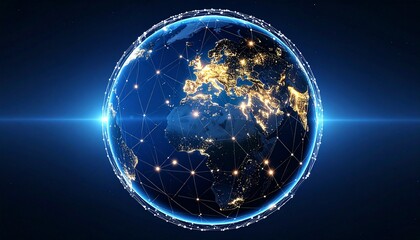 Glowing Earth at night with digital connectivity lines over Europe, Africa, and Asia