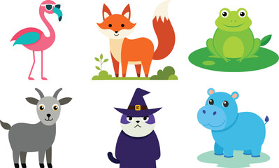 Naklejka premium Cartoon Animal Set with Flamingo Fox Frog Goat Cat Hippo on transparent background