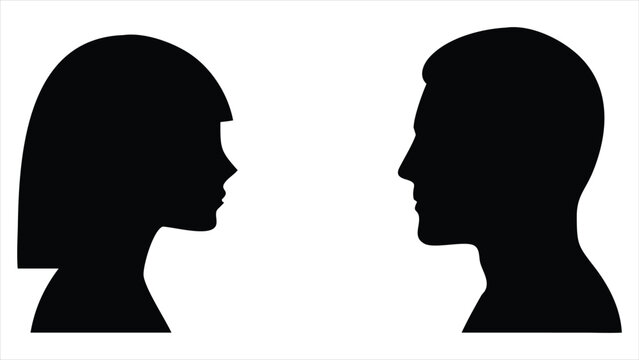 Two distinct black human head profiles facing each other in a clear silhouette style against a white background representing a conversation or connection