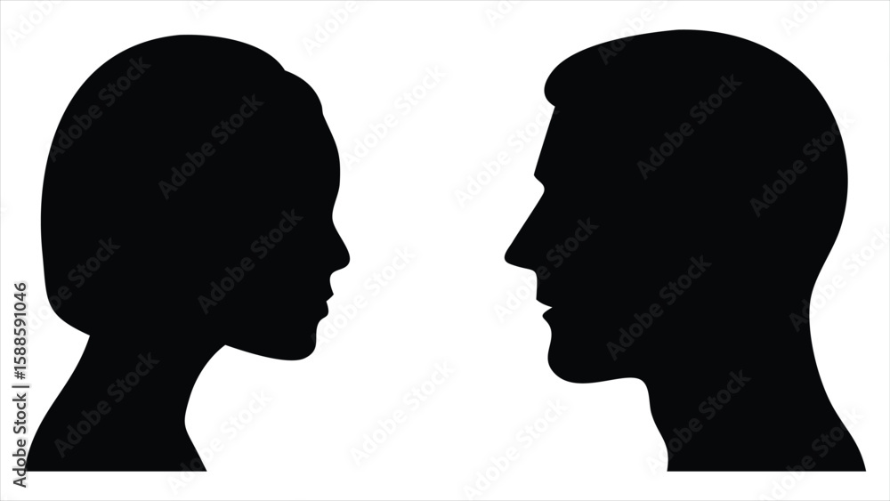 Aufkleber man and woman facing each other in profile silhouette representing conversation connection and relat
