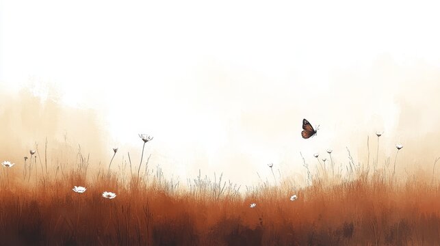 Fototapeta Serene Autumn Meadow with Dandelions and Butterflies in Gentle Watercolor Landscape Artistry