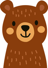 Cute brown bear cartoon character with round ears and smiling face, hand-drawn style illustration for kids products, nursery design, or educational materials