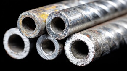 Close-up shot of stacked metal pipes with visible wear, texture, and inner darkness