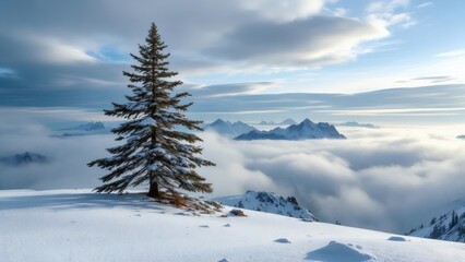 Fototapeta premium Majestic Snow Covered Pine Tree Above the Clouds in Winter Mountain