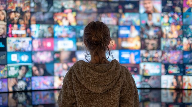 Girl watches endless streaming content, captivated by colorful screen displays, cozy hoodie, home cinema setup, and modern entertainment experience.