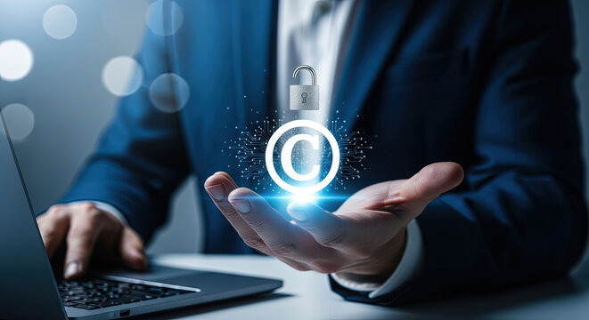 Copyright Protection Concept: Businessman Securing Intellectual Property with Digital Lock and Copyright Symbol, Emphasizing Legal Rights and Ownership Online