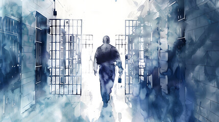 watercolor style Prison guard walking through prison