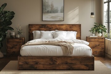Modern industrial-style solid wood bed with storage, dark pine headboard, oak nightstand, chest of drawers, and decorative accents in natural light