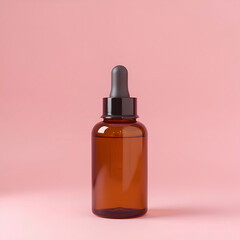 Naklejka premium Brown glass dropper bottle on pink background, skincare serum.