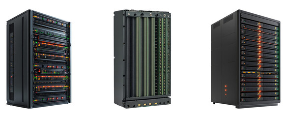Isolated image of three server racks on a transparent background showcasing technology