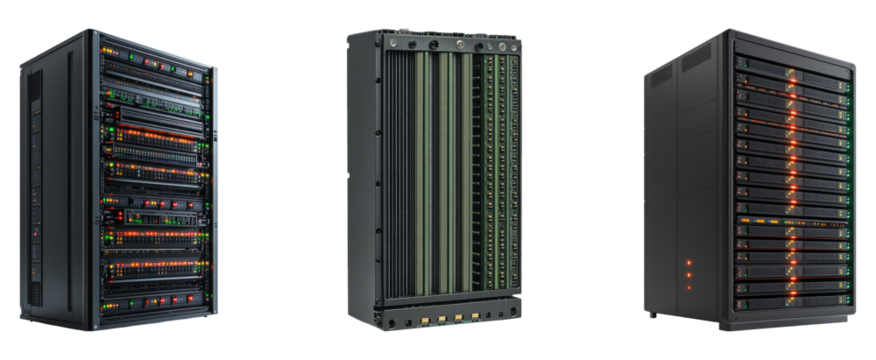 Isolated image of three server racks on a transparent background showcasing technology