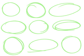 Set of light green hand-drawn cute aesthetic, circles for note-taking, annotations, presentations, on transparent png background 