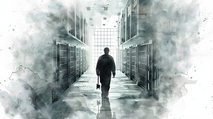 watercolor style Prison guard walking through prison