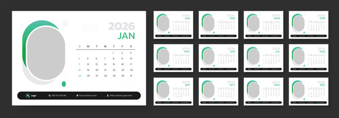 Desk calendar template 2026, New year 2026 table calendar design, Minimalist desk calendar 2026 template. Week start on Sunday.