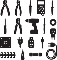 Silhouette set of electric tools including drills, grinders, screwdrivers, soldering irons, and wrenches, perfect for construction, repair, and maintenance designs, bold black shapes on white backgrou
