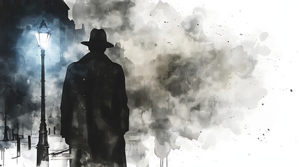 watercolor style Private detective in trench