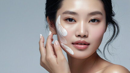 An attractive Chinese woman with smooth, radiant skin having her face covered with rich, creamy lotion, treatment, spa, saloon, white background, skincare, beauty and wellness.