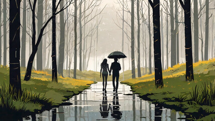 A vector image of a Couple in love walking in the woods, nature, forest, mist, on a rainy day with an umbrella in hand.