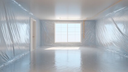 Empty room protected by plastic sheeting awaits renovation, showcasing a bright window and clean lines.