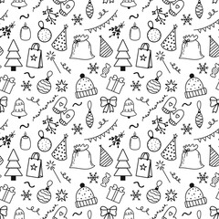 Seamless pattern with New Year doodles. Includes Christmas tree, gifts, mittens, party hats, snowflakes, candy, and decorations.  Vector pattern, hand drawn, outline.