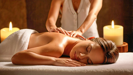 A Pretty woman lays on her back at a spa, saloon after a oil massage therapy, ambient golden light, relaxing, wellness, beauty, skincare.
