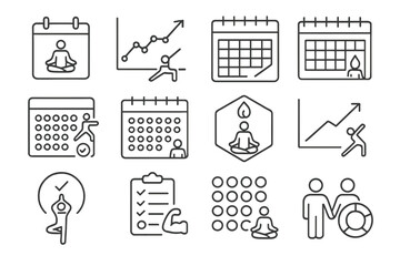 Calendar and fitness line icon set. yoga, exercise, planner outline collection