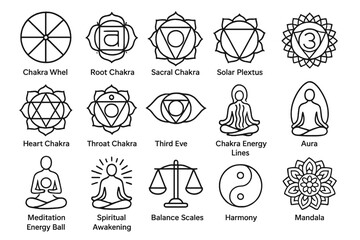 Chakra line icon set. meditation, spirituality, yoga symbols in outline style