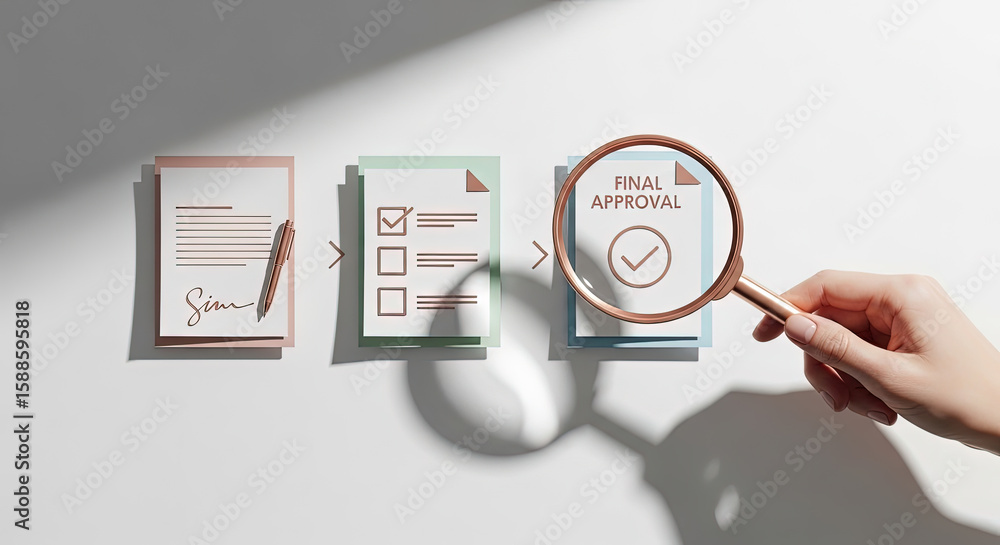 Poster approval process workflow: hand with magnifying glass inspecting final approval document. business c