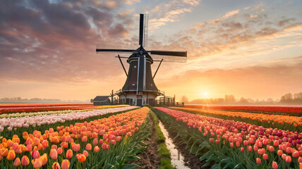 A colorful vector image of Tulip garden in Holland scenery, picturesque, panoramic, wind mill, landscaped, nature during golden hours.