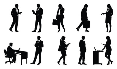Business men silhouette set featuring standing, walking, presenting, and working poses, perfect for corporate, office, and professional themes, bold black vector shapes on white background, ideal for 