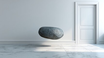 Smooth Pebble Shape Levitating Above White Floor.