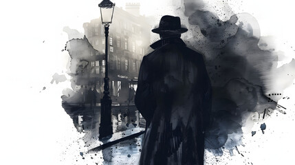 watercolor style Private detective in trench
