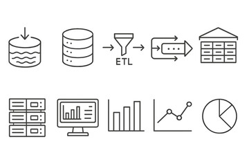 Data management line icon set. database, analysis, etl, visualization, storage