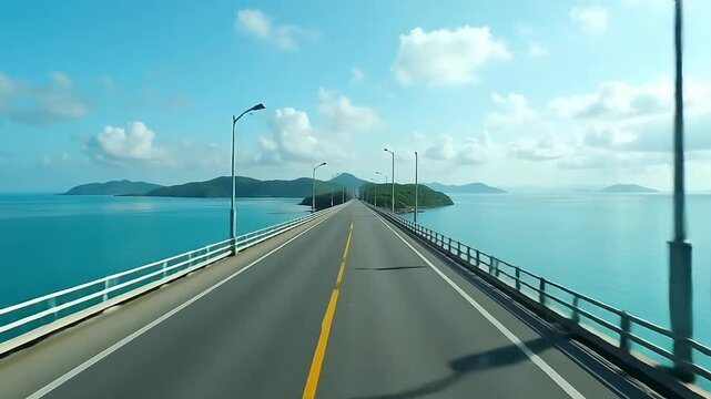 Aerial view of bridge road over ocean water with islands under clear sky adventure travel trip 100
