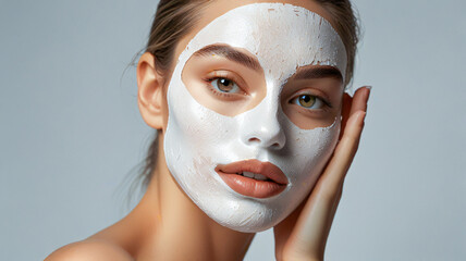 An attractive woman with smooth, radiant skin having her face covered with rich, creamy lotion, treatment, spa, saloon, white background, skincare, beauty and wellness.