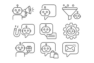Marketing automation line icon set. chatbots, automation, analytics, emails collection
