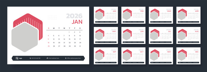 Minimalist desk calendar 2026 template. New year 2026 table calendar design, Week start on Sunday.