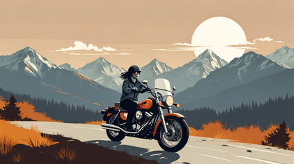 A vector image of a Young Girl riding solo on a Motorcycle in the hilly canyon region alongside a mountain ridge.
