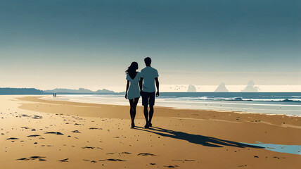 A vector image of a Couple in love walking on a beach, sand, ocean front, coconut palm trees, sunrise, golden hour, mountain range, picturesque, panoramic locale.