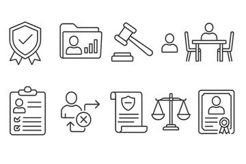 Legal and business outline icon set. law, justice, corporate symbols collection