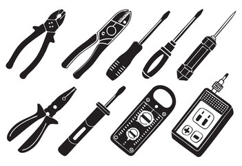 Silhouette collection of electric tools including drills, grinders, screwdrivers, pliers, and cutting machines, perfect for DIY, engineering, and construction illustrations, minimal black shapes on wh
