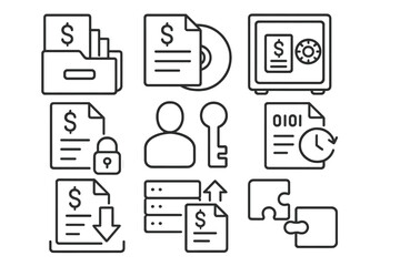 Finance and business outline icon set. accounting, security, documents collection