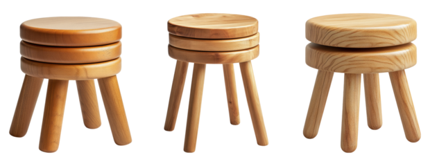 Three wooden stools stacked and isolated on a transparent background