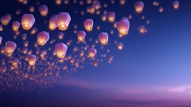 Softly glowing pastel paper lanterns drifting upward in gently curved night sky with warm indigo hues